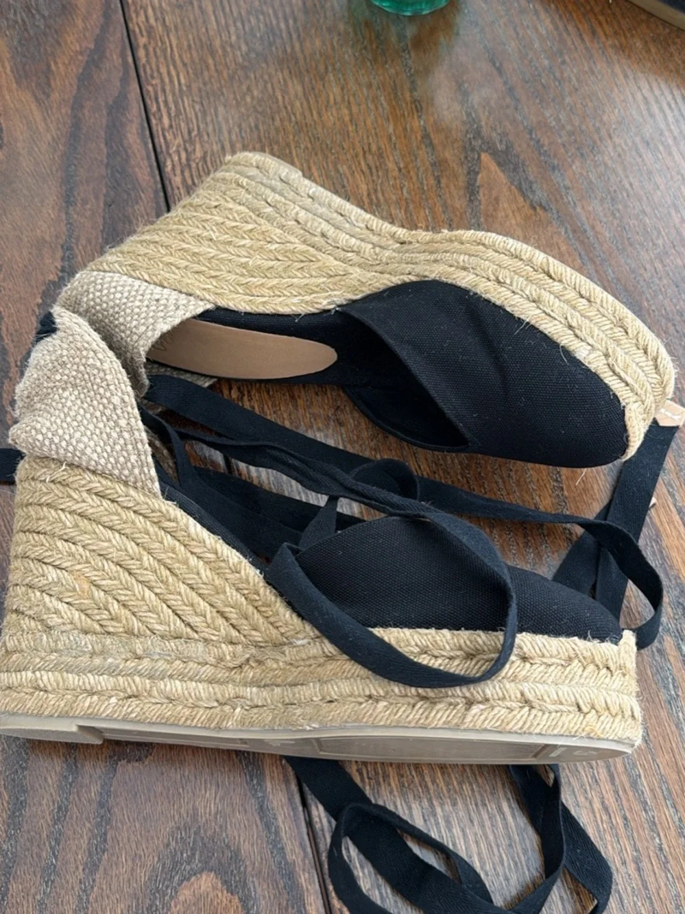 Castaner Black Canvas Espadrille Wedges with Jute Platform and Ankle Ties